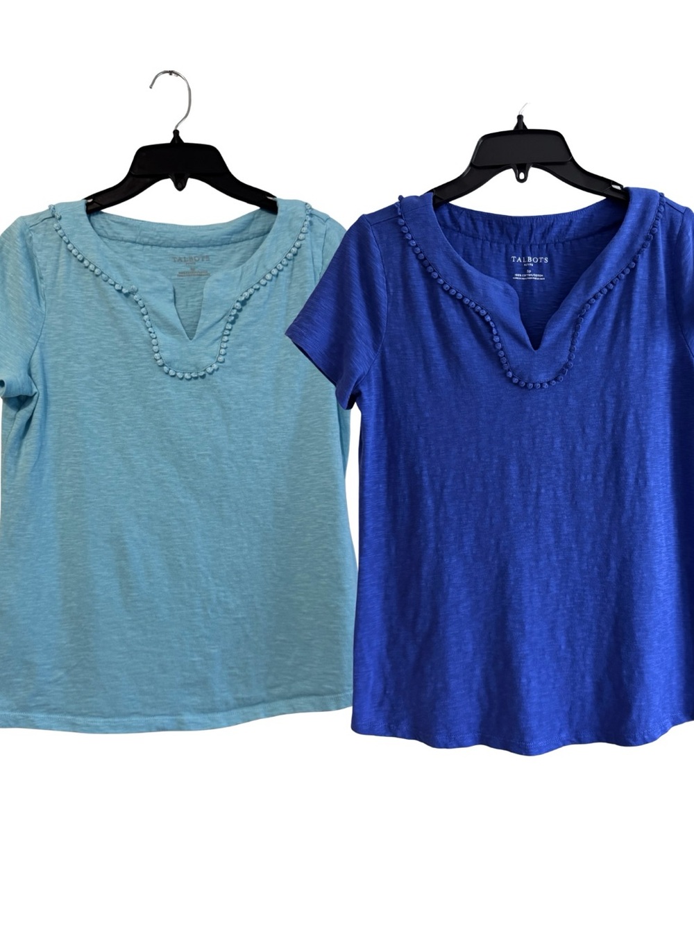2 Talbots Dot Trim Split Neck Tees Petite Small Blue Aqua P/S